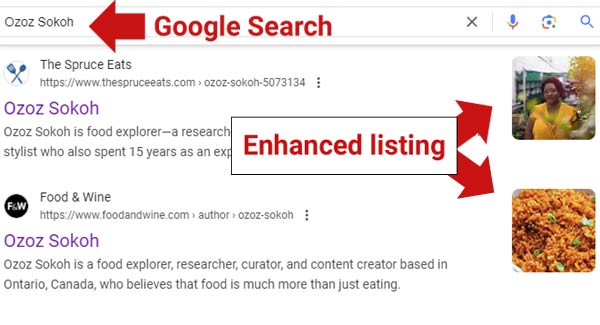 Captura de pantalla de un resultado enriquecido para dos páginas de perfil de sitios de recetas que utilizan el marcado de datos estructurados de ProfilePage